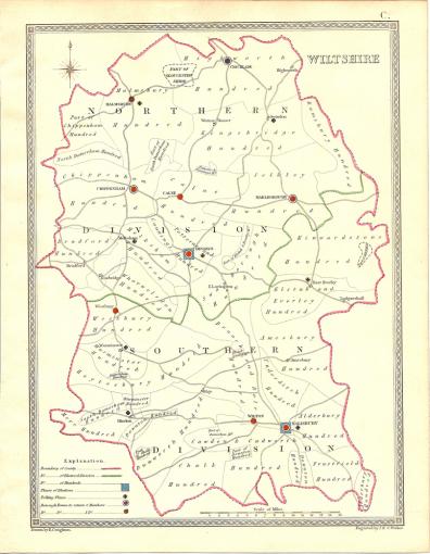 Wiltshire parliamentary boundaries antique map published 1835