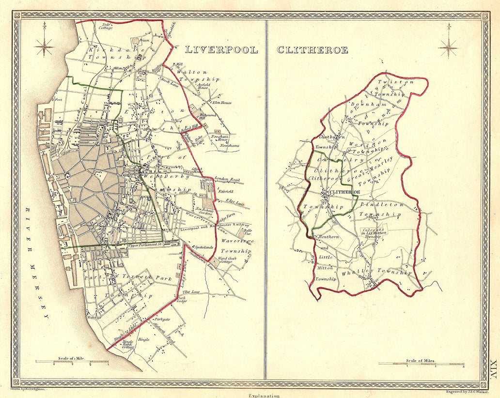 Liverpool Clitheroe Lancashire parliamentary boundaries antique map ...