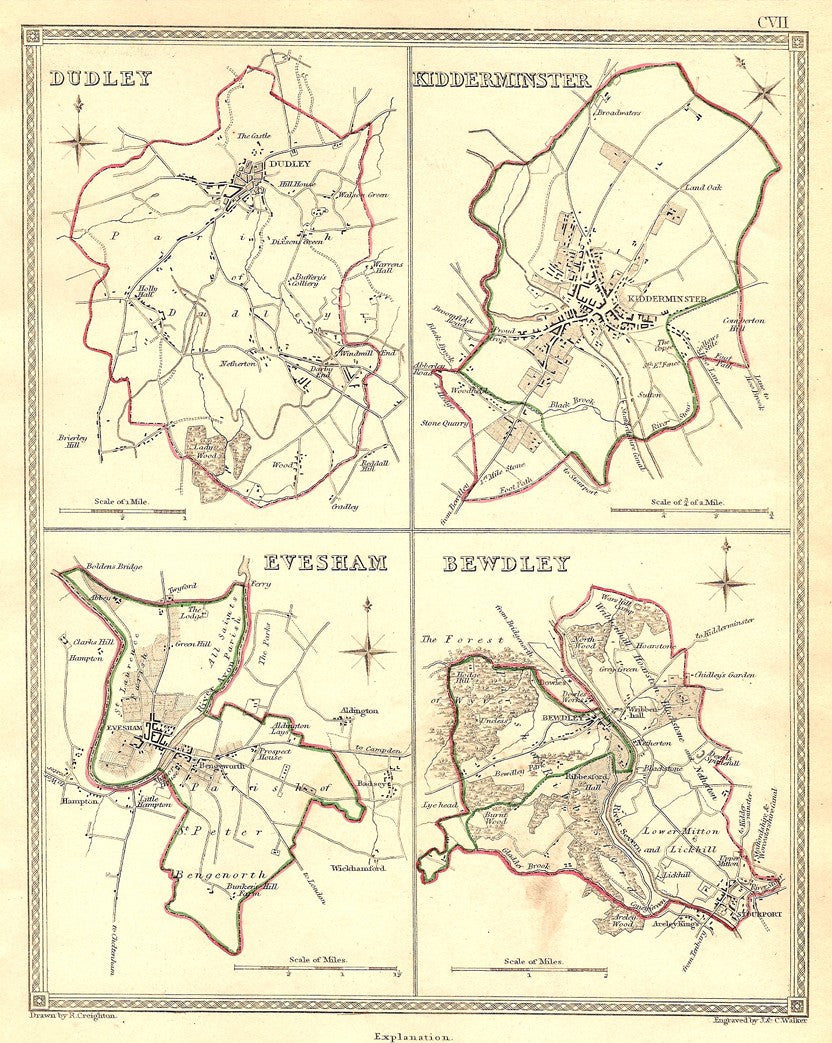 Dudley Kidderminster Evesham Bewdley – Maps and Antique Prints