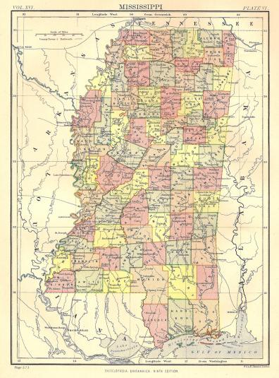 Mississippi antique map from Encyclopaedia Britannica published 1889 ...