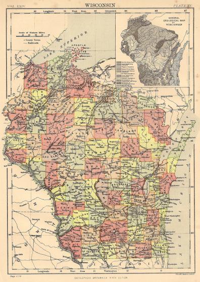 Wisconsin antique map Encyclopaedia Britannica 1889 – Maps and Antique ...