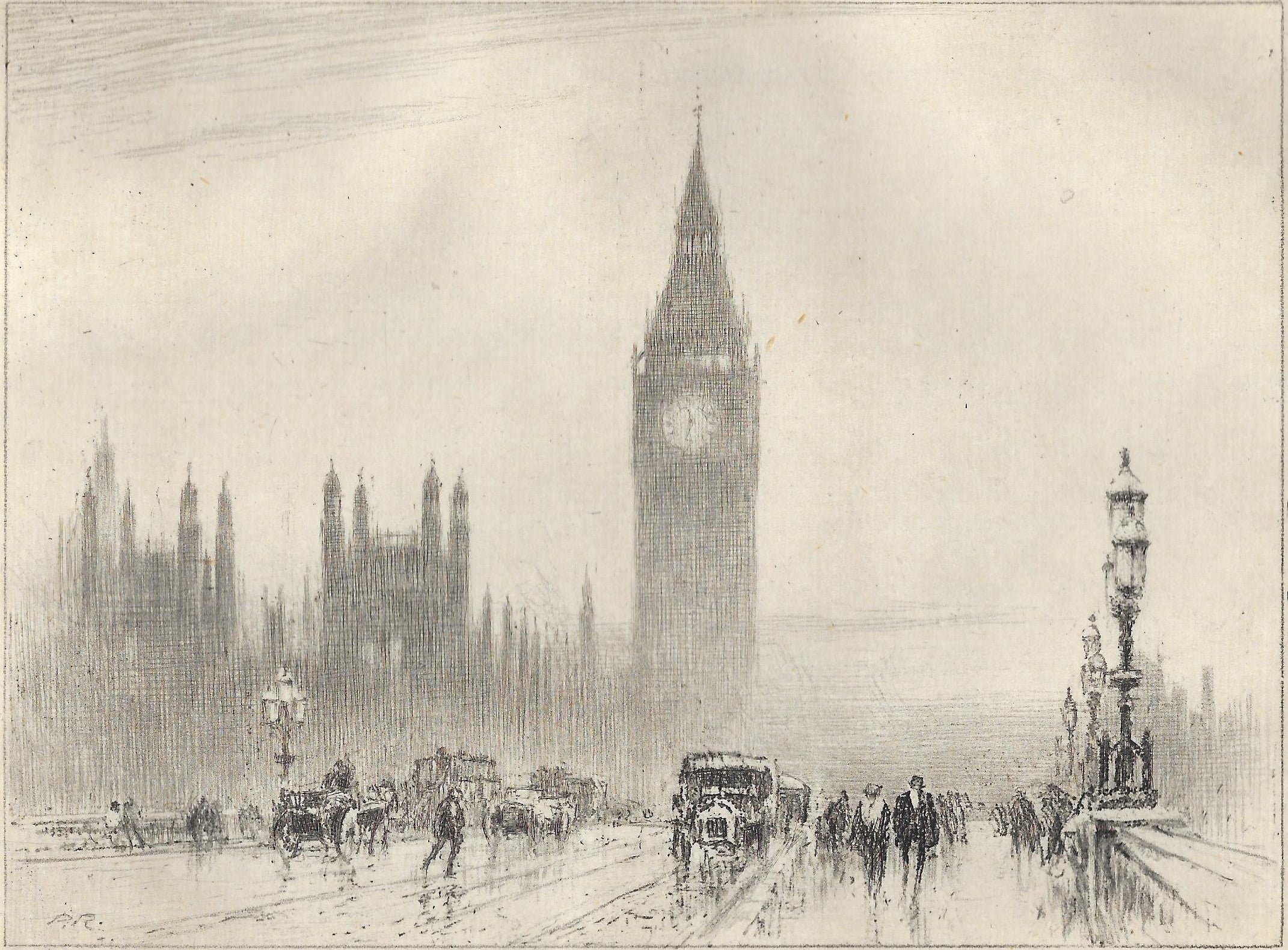 Westminster Bridge and Houses of Parliament London 1924 Vintage etchin ...